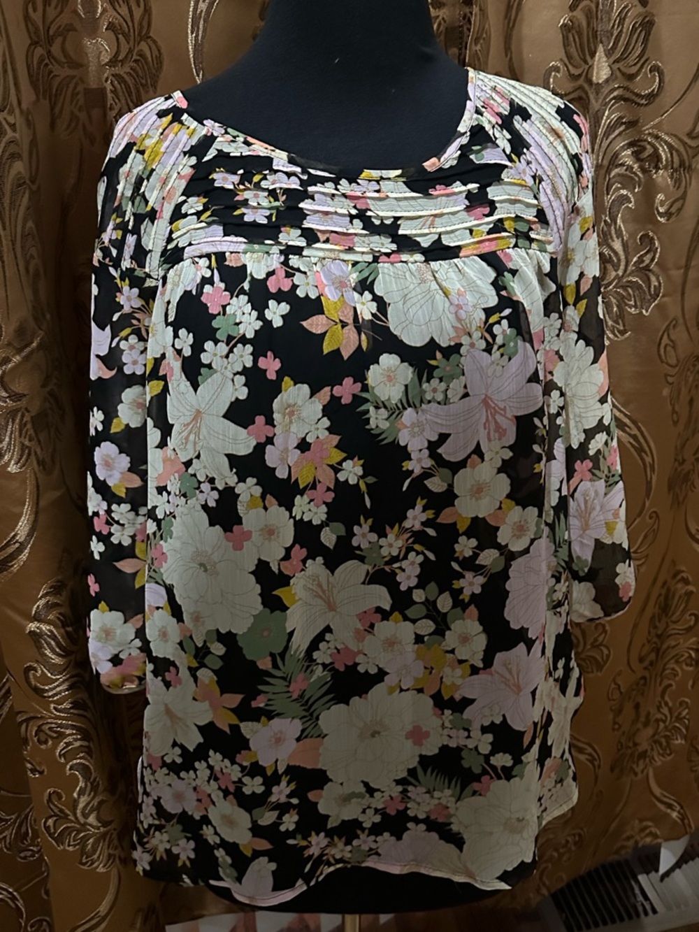 LC Lauren Conrad Black Floral Pleated Yoke Blouse